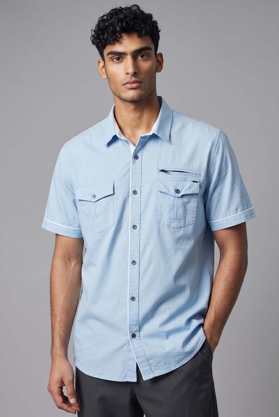 Guess Light Blue Short Sleeve Utility Button-Down Shirt with Chest Pockets( L)
